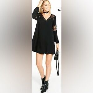 Express A-line Black Long Sleeve Dress with Lace Accents